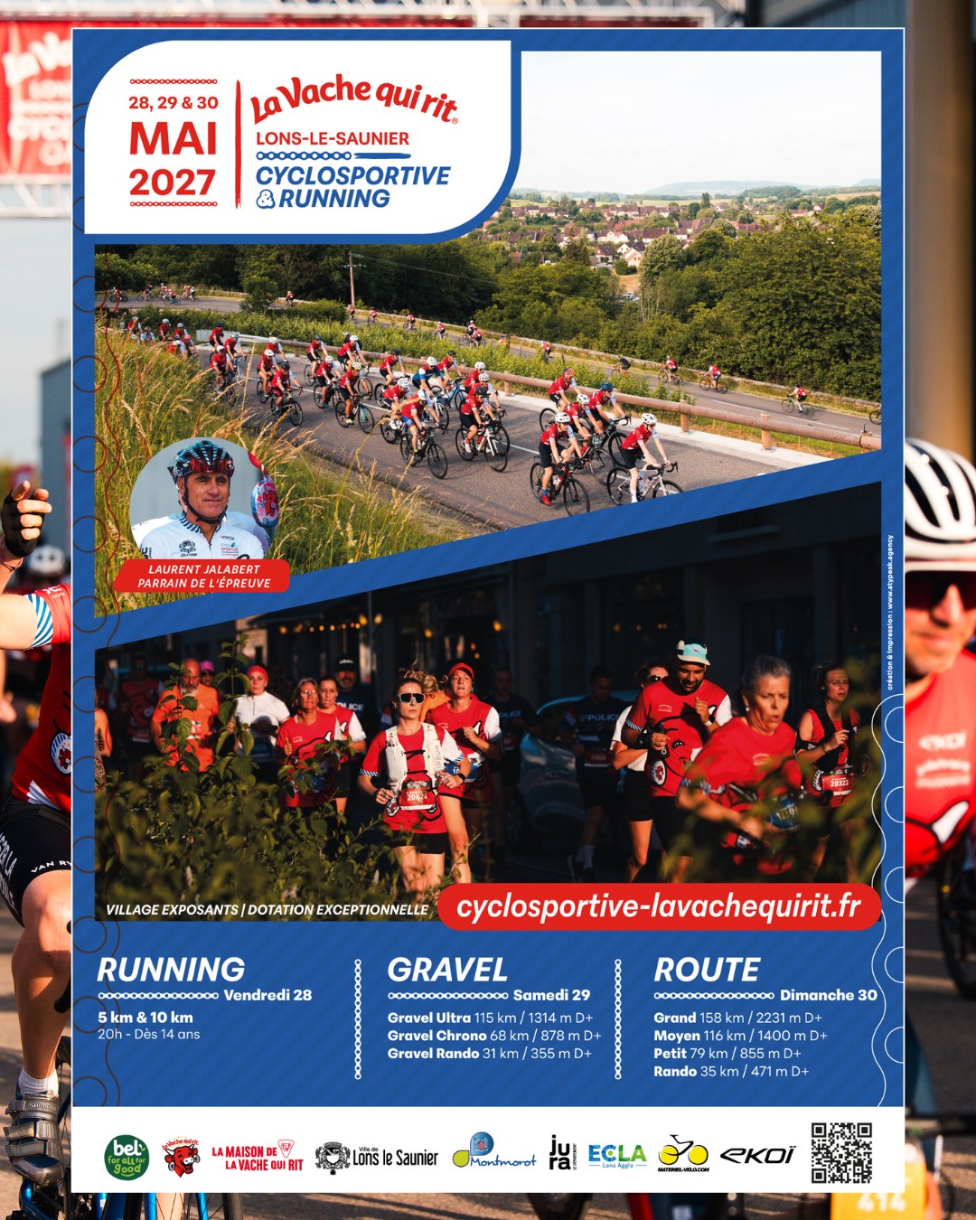 🚴🏃 Cap sur 2027 ! 🐮🧀

Après une édition 2026 record avec + de 6000 cyclistes et + 1200 coureurs à pied, l'aventure continue pour une 7ème édition ! 🔥

🗓 28, 29 & 30 mai 2027

✨ Au programme 👇
🏃 𝗥𝘂𝗻𝗻𝗶𝗻𝗴 5 et 10 km : une organisation optimisée pour une expérience encore plus fluide et festive 🎺.
🚴 𝗥𝗼𝘂𝘁𝗲 : particulièrement appréciés en 2026 par leur beauté, variété et sécurisation, les parcours ont majoritairement été conservés 💪
🌿 𝗚𝗿𝗮𝘃𝗲𝗹 : des nouveaux chemins inédits pour réduire encore le pourcentage des parties bitumées 🤪

En participant, vous profitez de 𝗻𝗼𝗺𝗯𝗿𝗲𝘂𝘅 𝘀𝗲𝗿𝘃𝗶𝗰𝗲𝘀 𝗶𝗻𝗰𝗹𝘂𝘀 👇
👕 Un maillot ou un t-shirt collector
🎁 Cadeaux de bienvenue
⏱️ Un chronométrage individuel avec une puce personnalisée
🗺️ Fléchage complet des parcours. (hors gravel ultra)
🏕️ Accès au village exposants.
🚴 Sécurisation de la course assurée par plusieurs centaines de signaleurs ainsi que des motos d'encadrement. (hors gravel)
🔧 Assistance mécanique et sécurité en course (balais, motos ouvreuses, signaleurs...)
🚑 Assistance médicale.
🏅 Médaille Finisher remise à tous les participants.
🥤 Un ou plusieurs ravitaillements sur l'ensemble des parcours.
🍽️ Un ravitaillement ou repas local à l'arrivée.
🚲 Consigne vêtement et parc vélo
🧼 Espace de lavage vélo.
🚗 Parking véhicules
🚿 L'accès à des douches et sanitaires.
🎟️ Une participation automatique à la tombola avec de nombreux lots à gagner.
📸 L'accès aux photos officielles de l'événement.
🎉 Une remise de 10 % sur nos autres épreuves.

🚨 𝐎𝐅𝐅𝐑𝐄 𝐅𝐋𝐀𝐒𝐇 : 𝟭𝟬% 𝗱𝗲 𝗿𝗲𝗺𝗶𝘀𝗲 𝘀𝘂𝗿 𝘁𝗼𝗻 𝗶𝗻𝘀𝗰𝗿𝗶𝗽𝘁𝗶𝗼𝗻 𝘀𝗶 𝘁𝘂 𝗳𝗮𝗶𝘀 𝗰𝗲𝗹𝗹𝗲 𝗰𝗶 𝗮𝘃𝗮𝗻𝘁 𝗰𝗲 𝗝𝗘𝗨𝗗𝗜 𝟮𝟬𝗵. 𝗖𝗼𝗱𝗲 : 𝐕𝐐𝐑𝟐𝟕 🚨💸

⚠ Afin de préserver le confort, la sécurité et le plaisir de chacun, le nombre de participants sera limité à 2 000 coureurs pour la course à pied le vendredi soir et 5000 cyclistes pour la grande journée du dimanche. ⚠ 

𝐈𝐧𝐟𝐨𝐫𝐦𝐚𝐭𝐢𝐨𝐧𝐬 & 𝐢𝐧𝐬𝐜𝐫𝐢𝐩𝐭𝐢𝐨𝐧𝐬 ⤵️
✍️ https://cyclosportive-lavachequirit.fr/

#CyclosportiveLaVachequirit #RunningLaVachequirit #Vachequirit #Jura #LonsLeSaunier #granfondo #CycloVQR #RunningVQR #Running
